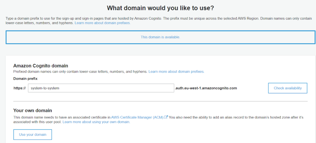 choose domain name amazon cognito
